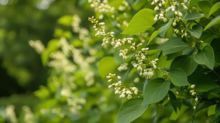Fototapeta premium Close Up of a Vine with Clusters of Small White Flowers Against a Green Background