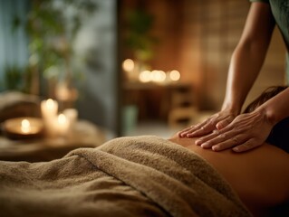 Obraz premium Therapist Hands Giving Relaxing Back Massage in Warm Spa Setting With Candles, Promoting Wellness and Self-Care : Generative AI