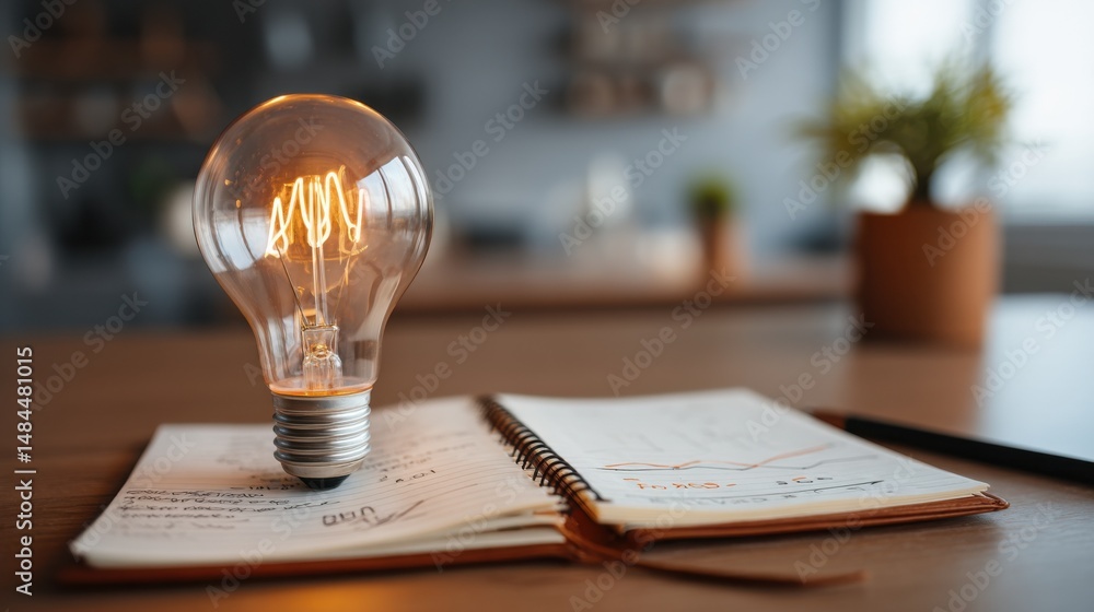 Poster glowing lightbulb on open notebook with handwritten notes on wooden desk illuminating creativity and