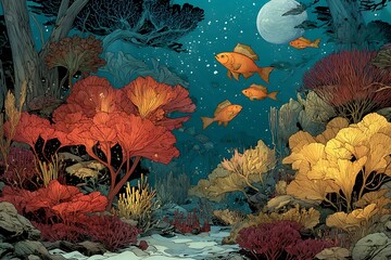 Stylized undersea world with flying fish