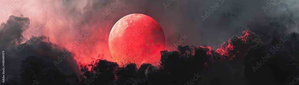 Poster red moon behind black clouds at night with abstract fire concept. a breathtaking view of a red moon 