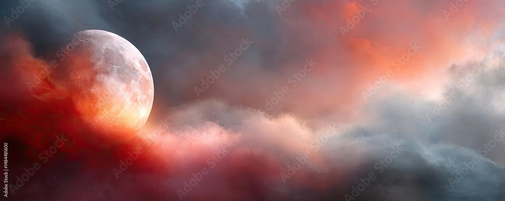 Poster red moon behind black clouds in dark abstract sky concept. dramatic sky with clouds illuminated by a