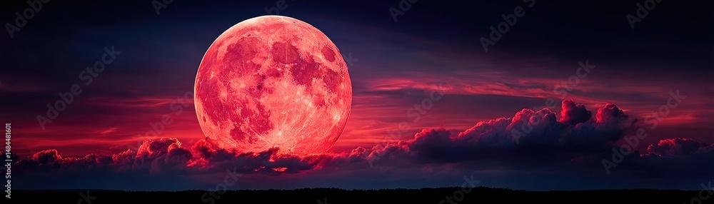 Poster red moon behind black clouds in dark abstract sky concept. stunning red moon illuminating a dramatic