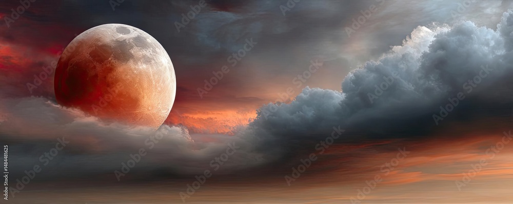 Aufkleber Red moon behind black clouds in dark abstract sky concept. Glowing moon with clouds at dusk, creating a serene atmosphere.