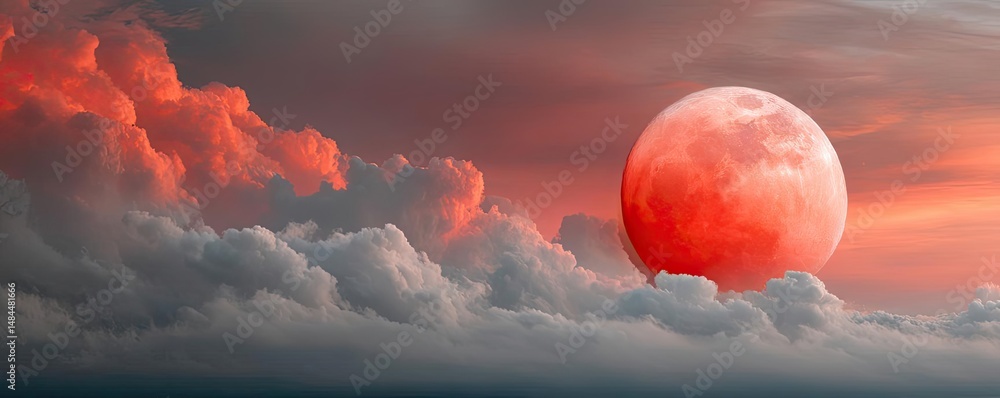 Poster red moon behind black clouds in dark abstract sky concept. a stunning view of a blood-red moon behin