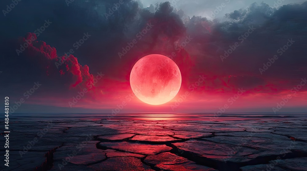 Poster red moon behind black clouds with abstract fire and smoke concept. stunning view of a crimson moon r