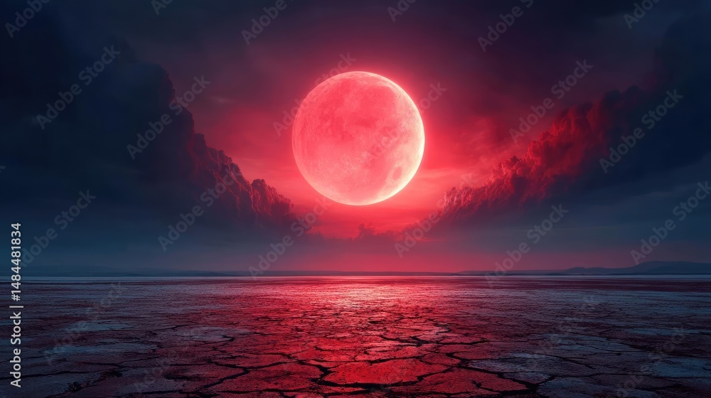Poster red moon behind black clouds with abstract fire and smoke concept. a stunning red moon rises over a 