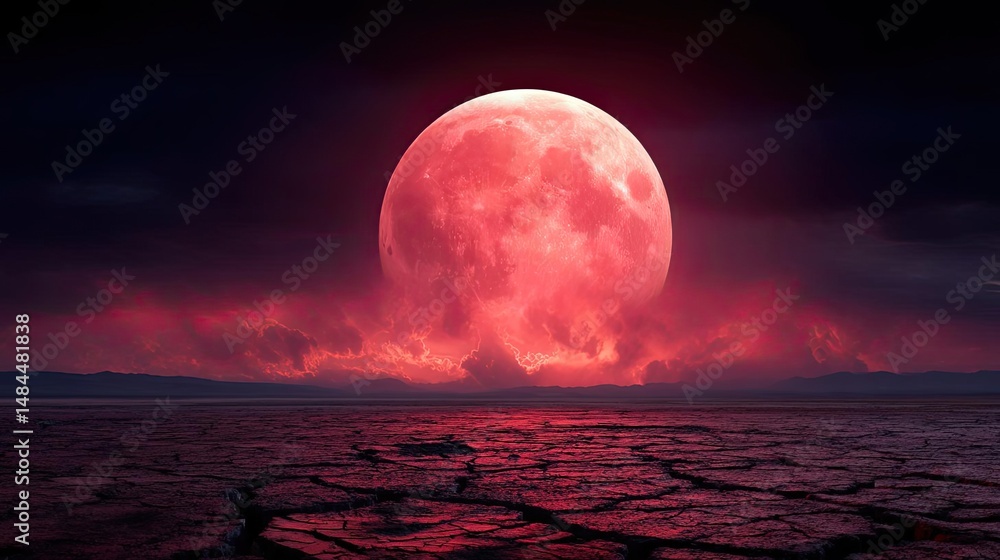 Poster red moon behind black clouds with abstract fire and smoke concept. a stunning red moon illuminating 