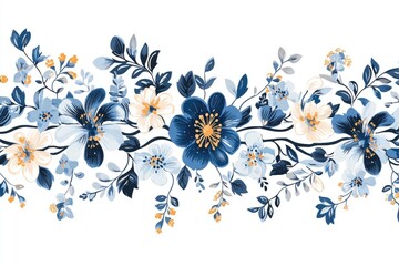Floral border design with blue, cream, and yellow blossoms