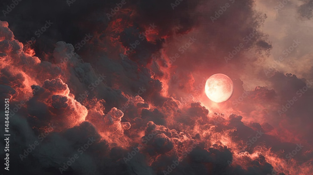 Aufkleber red moon behind black clouds at night with abstract fire concept. a stunning sunset with vibrant clo