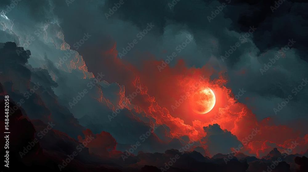 Aufkleber red moon behind black clouds at night with abstract fire concept. a dramatic sky featuring dark clou