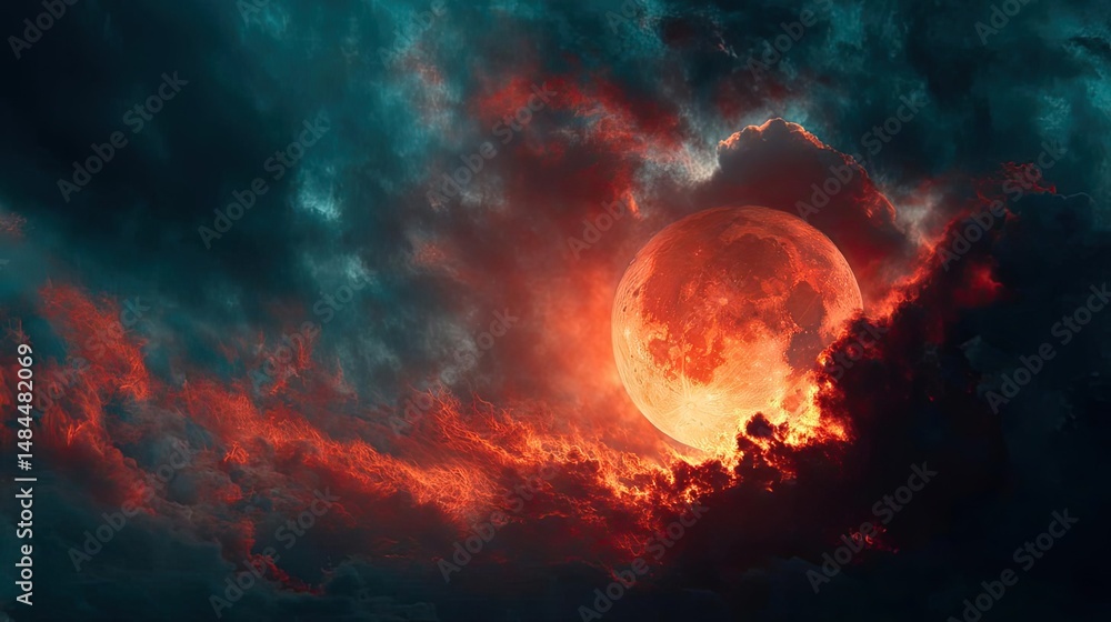 Poster red moon behind black clouds at night with abstract fire concept. dramatic moonrise with fiery cloud