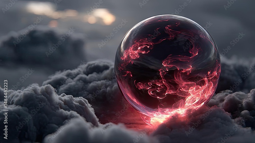 Poster red moon behind black clouds with abstract fire and smoke concept. a mystical globe floating among d