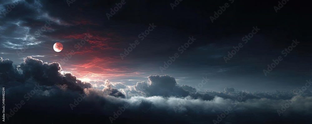 Poster red moon behind black clouds in dark abstract sky concept. mysterious dusk scene with dramatic cloud