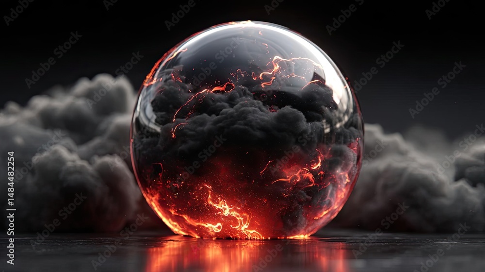 Poster Red moon behind black clouds with abstract fire and smoke concept. A glowing sphere with fiery elements and dark clouds surrounding it.