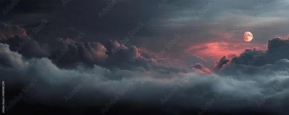 Aufkleber Red moon behind black clouds in dark abstract sky concept. A stunning view of clouds with a glowing moon at twilight.