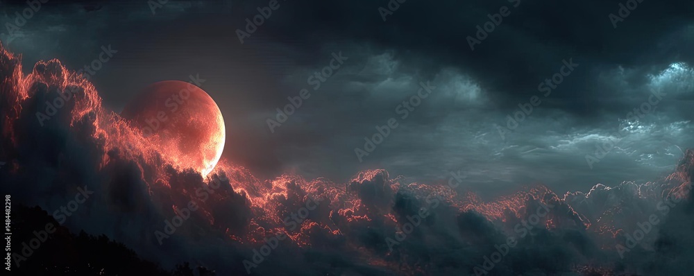 Poster red moon behind black clouds in dark abstract sky concept. a dramatic lunar eclipse captured against