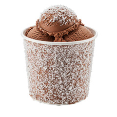 Creamy chocolate ice cream scoops in a textured cup with coconut flakes, inviting summer treat
