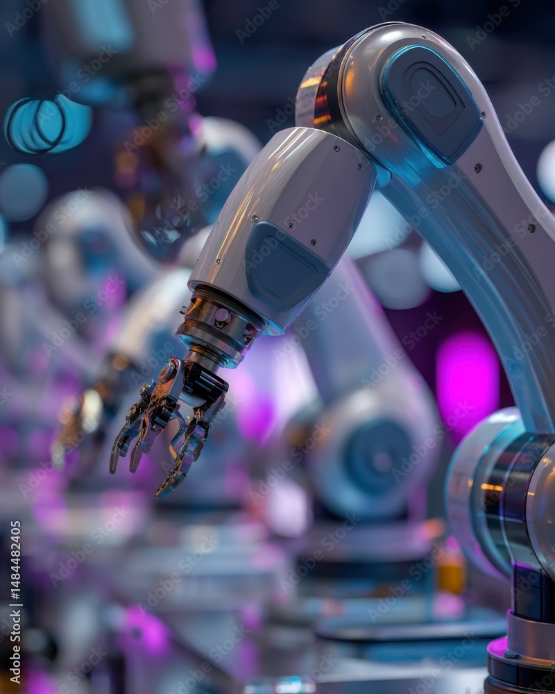 Poster Detailed View of Robotic Arms in a Modern Industrial Environment with Colorful Bokeh Lights, Representing Advanced Automation and Future Manufacturing Technology : Generative AI