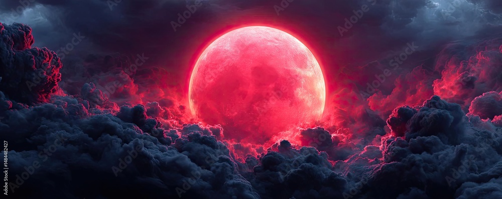 Poster red moon behind black clouds with abstract fire and smoke concept. a striking red moon illuminating 