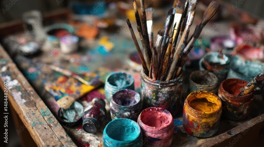 Poster paintbrushes and jars of colorful paint on a wooden table, illustrating artistic expression and crea