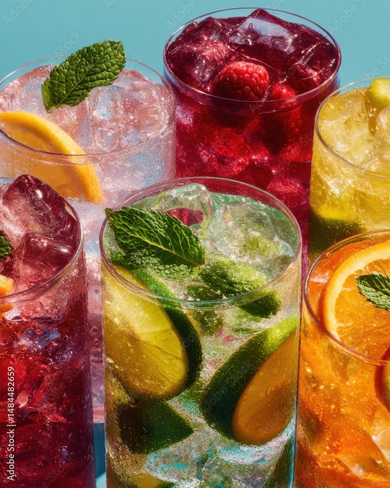 Aufkleber Close Up View of Assortment of Colorful Refreshing Summer Drinks with Fruit and Ice, Perfect for Beverage Promotion and Healthy Lifestyle Concepts : Generative AI