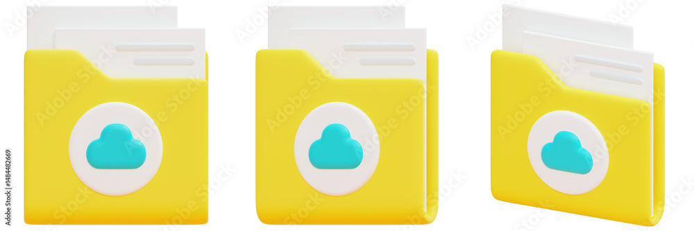 Poster set of yellow folders with cloud icons and white documents 3d render icon illustration