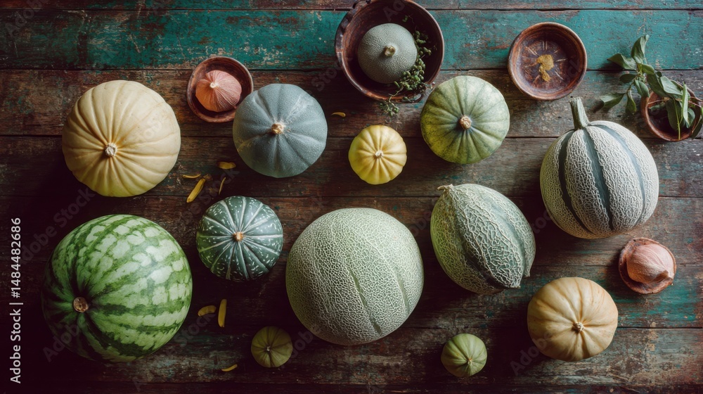 Aufkleber overhead view of assorted melons and watermelon on a rustic wooden table, representing fresh harvest