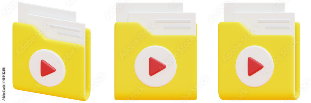 Poster set of 3d rendered yellow folders with play icons and documents 3d render icon illustration