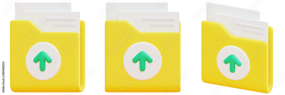 Poster set of dimensional yellow folders with upward green arrow icons on transparent background 3d render 