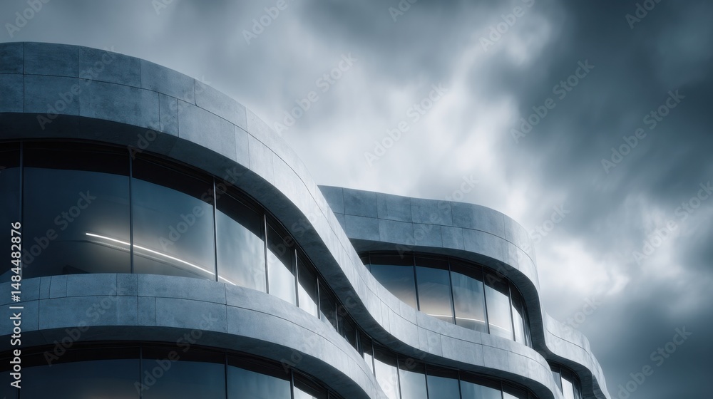 Poster modern concrete building with wavy design against cloudy sky, showcasing architectural innovation an