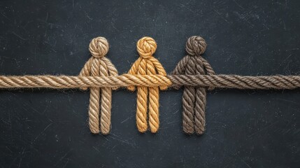 Unique Creative Representation of Three Figures Made from Twisted Rope on Dark Background