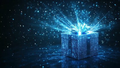 A sparkling blue gift box with a shimmering bow sits on a dark background, creating a magical and celebratory atmosphere.