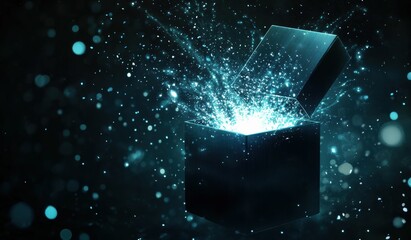 A sparkling blue gift box with a shimmering bow sits on a dark background, creating a magical and celebratory atmosphere.