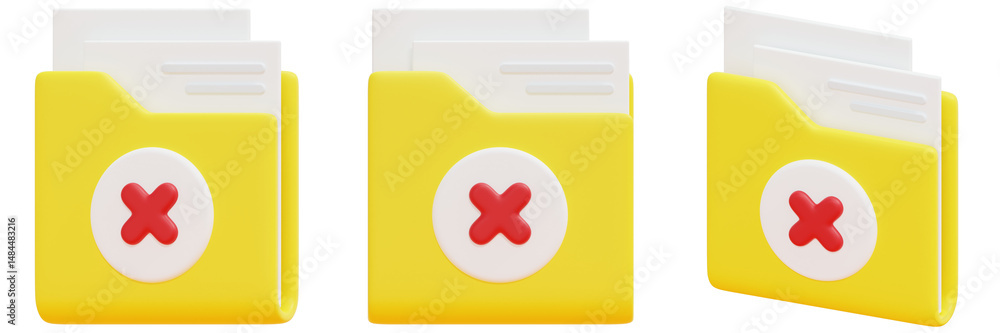 Poster set of yellow 3d rendered folders with red cross icon and white background 3d render icon illustrati