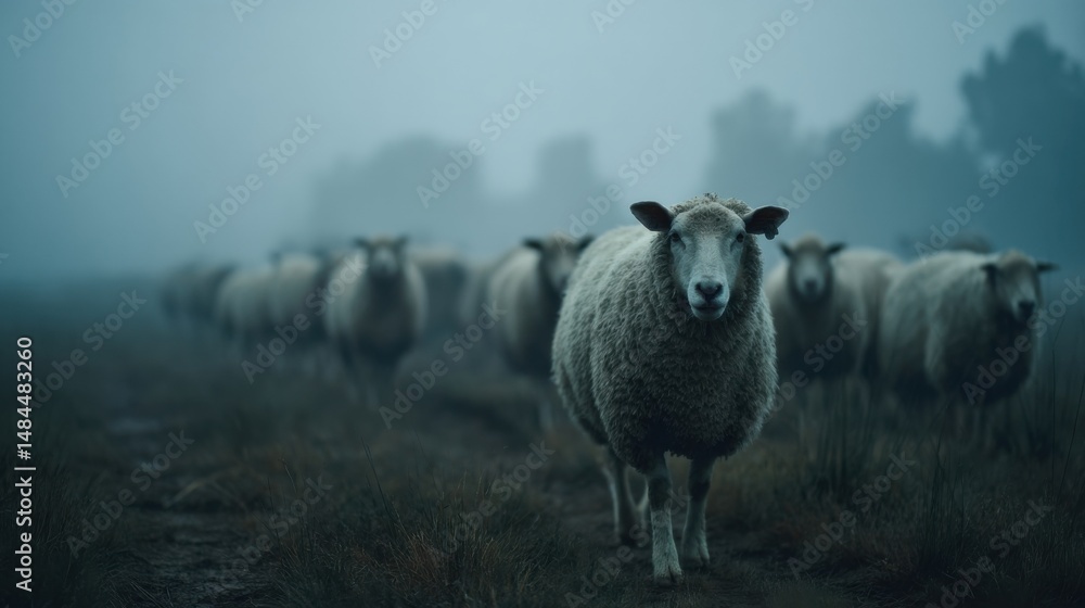 Poster flock of sheep walking through a misty field at dusk, evoking rural tranquility and representing sus