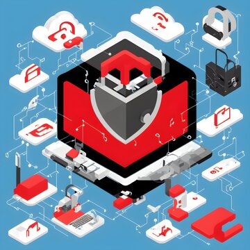 Isometric vector showing cybersecurity with digital lock, shield, and data cloud. Ideal for tech, IT security, and digital privacy visuals. Clean vector design on white background.