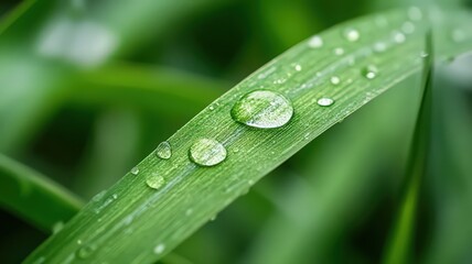 Close Up of a Water Droplet on a Blade of Grass in a Lush Green Natural Setting
