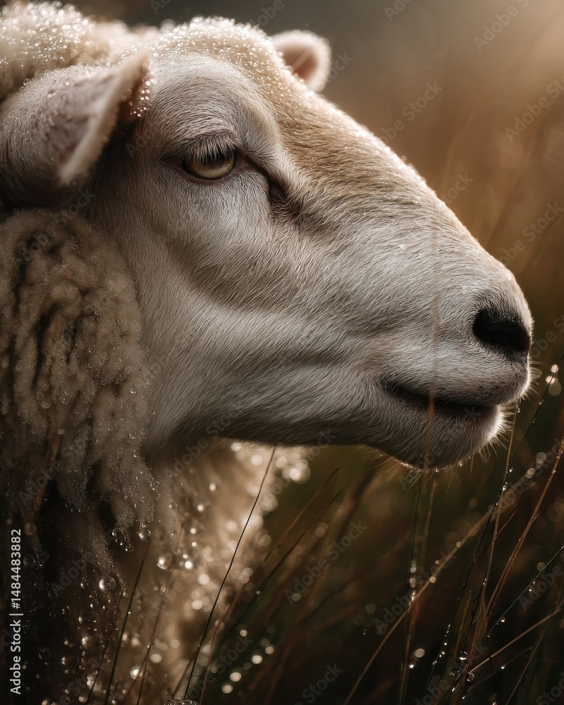 Poster close-up of sheep's face covered in dew drops in a field at sunrise, symbolizing rural tranquility a