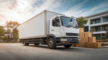 White moving truck parked outside a modern residential building