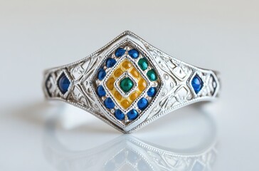 Elegant diamond-shaped ring with colorful gemstones