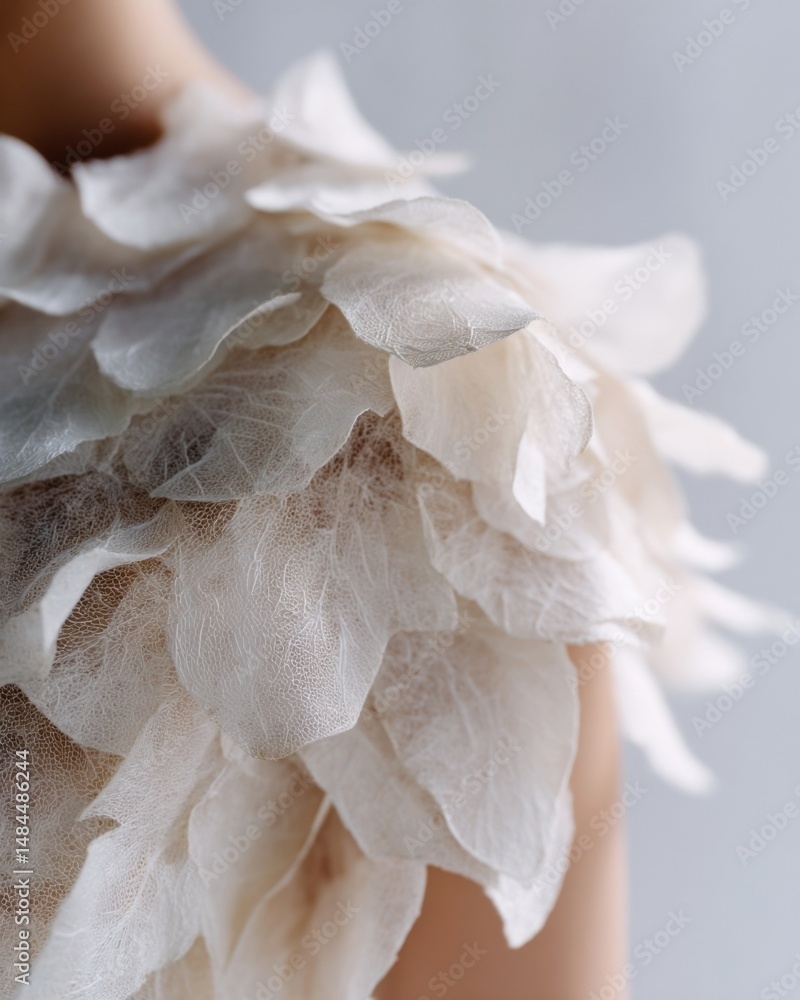 Poster close up detail of delicate layered translucent fabric on shoulder, capturing ethereal beauty and hi