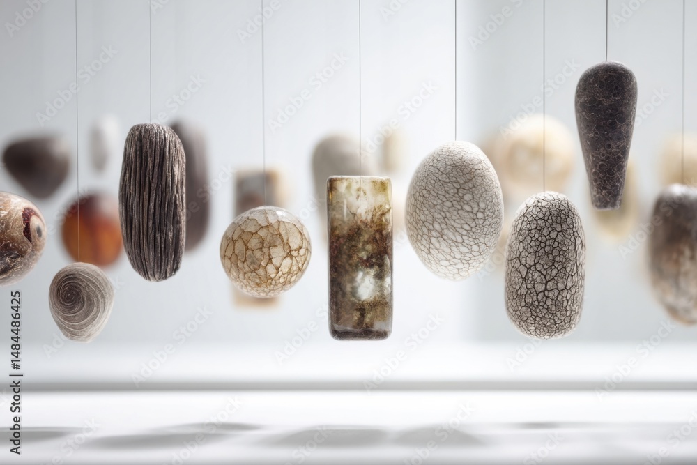 Poster Collection of Hanging Decorative Stone-Like Orbs and Shapes for Interior Design Projects and Artistic Expression — Representing Craftsmanship and Unique Style : Generative AI