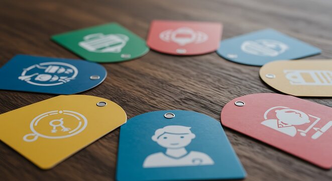Arrangement of Colorful Icon Tags on a Wood Surface