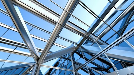 The Udomsup top cross-braced building framework showcases an earthquake-proof design with intersecting steel beams against a bright blue sky backdrop above.