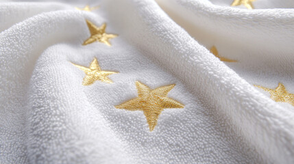 Luxurious close-up of a white hotel towel embroidered with five golden stars.