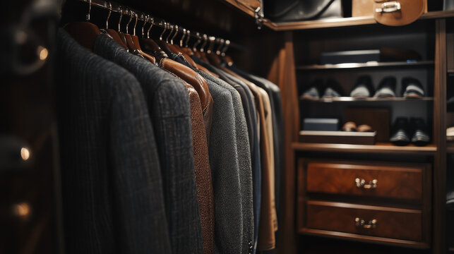 Luxury walk-in closet with gender-neutral leather accessories and stylish wardrobe features. 