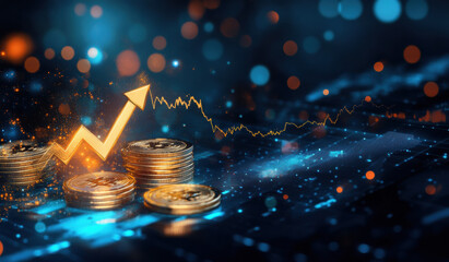 The effect contrast of gold elements against a deep blue background highlights the themes of economic growth, analysis, and financial advancement.