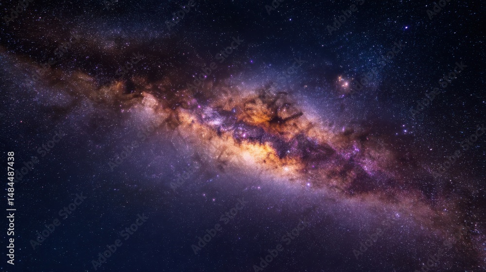 Poster dramatic wide view of night sky with milky way galaxy galaxy's glowing core for astro photography an