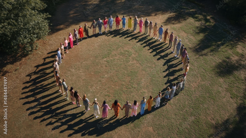 Poster diverse group of people holding hands in a large circle on grassy field symbolizing unity community 